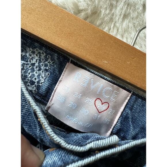 Revice Denim Patch Work High Rise Jean Shorts Stone Washed Blue - Picture 7 of 7